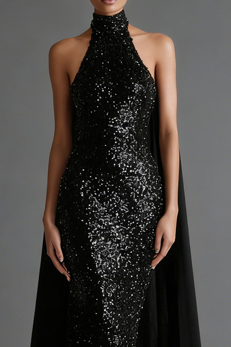 Load image into Gallery viewer, Sparkly Black Sequin High Neck Mermaid Long Prom Dress with Cape
