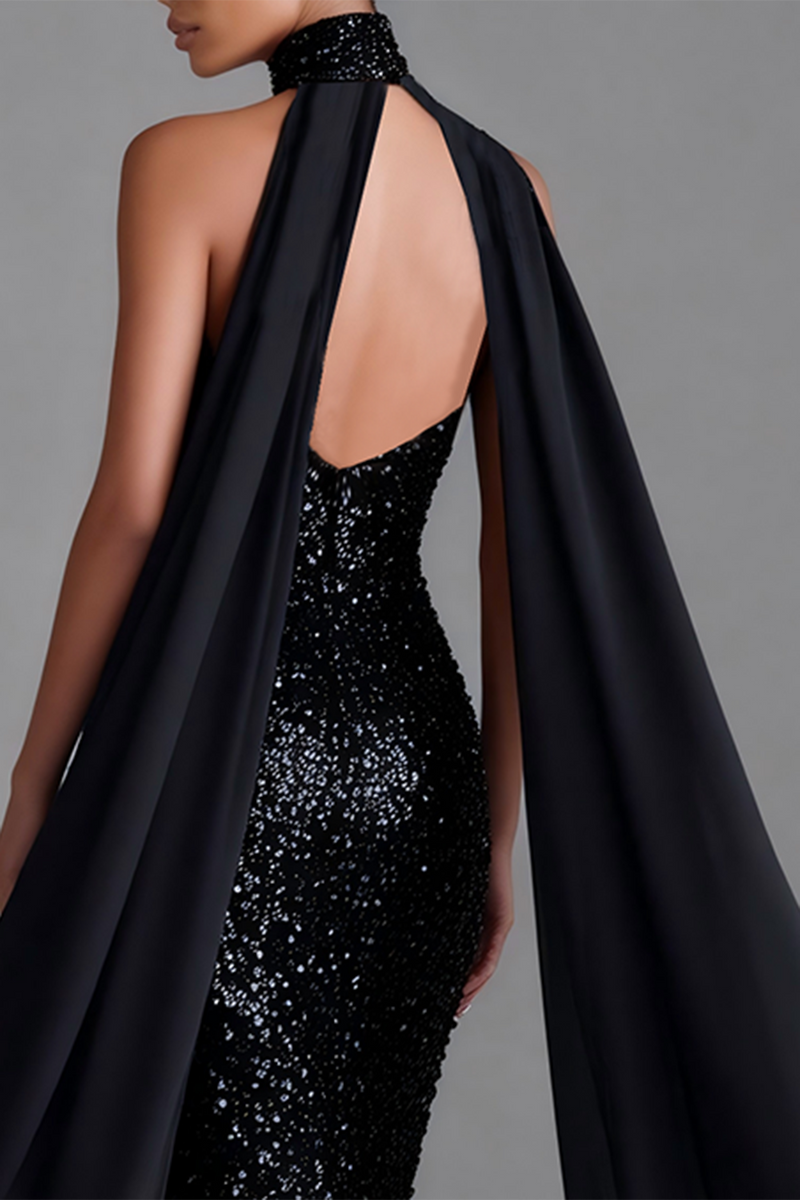 Load image into Gallery viewer, Sparkly Black Sequin High Neck Mermaid Long Prom Dress with Cape