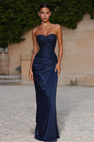 Load image into Gallery viewer, Sparkly Navy Beaded Sweetheart Mermaid Long Prom Dress