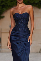 Load image into Gallery viewer, Sparkly Navy Beaded Sweetheart Mermaid Long Prom Dress
