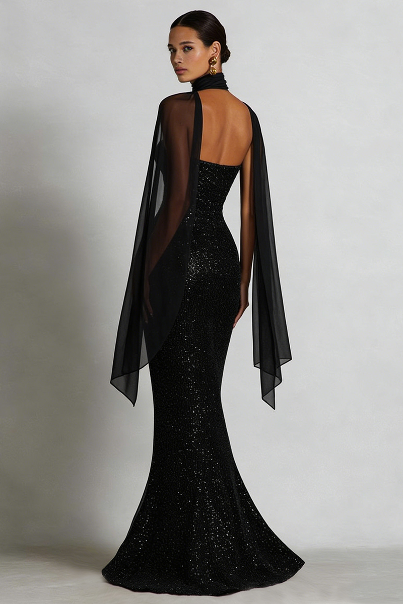 Load image into Gallery viewer, Sparkly Black Sequin Sweetheart Neck Scarf Long Mermaid Prom Dress