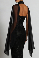 Load image into Gallery viewer, Sparkly Black Sequin Sweetheart Neck Scarf Long Mermaid Prom Dress