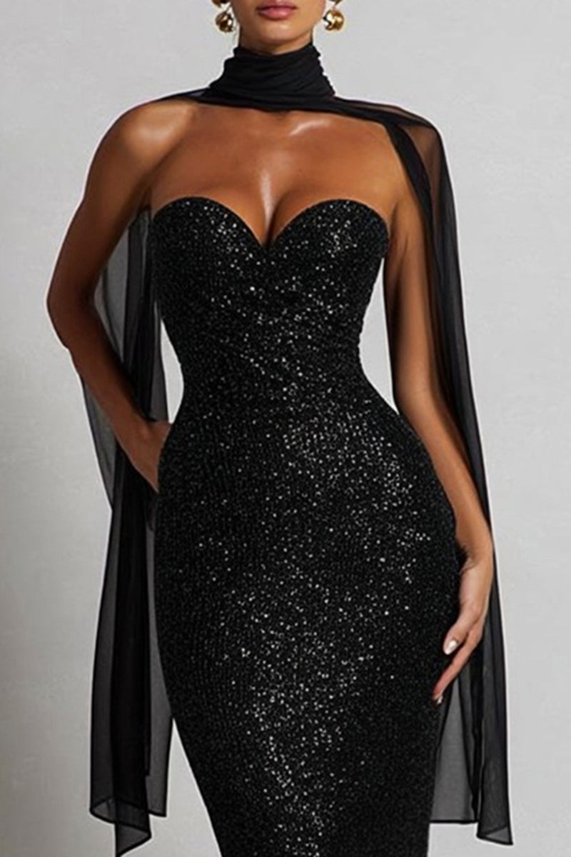 Load image into Gallery viewer, Sparkly Black Sequin Sweetheart Neck Scarf Long Mermaid Prom Dress