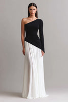 Load image into Gallery viewer, Black and White One Shoulder Sheath Long Prom Dress with Sleeves