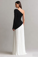 Load image into Gallery viewer, Black and White One Shoulder Sheath Long Prom Dress with Sleeves