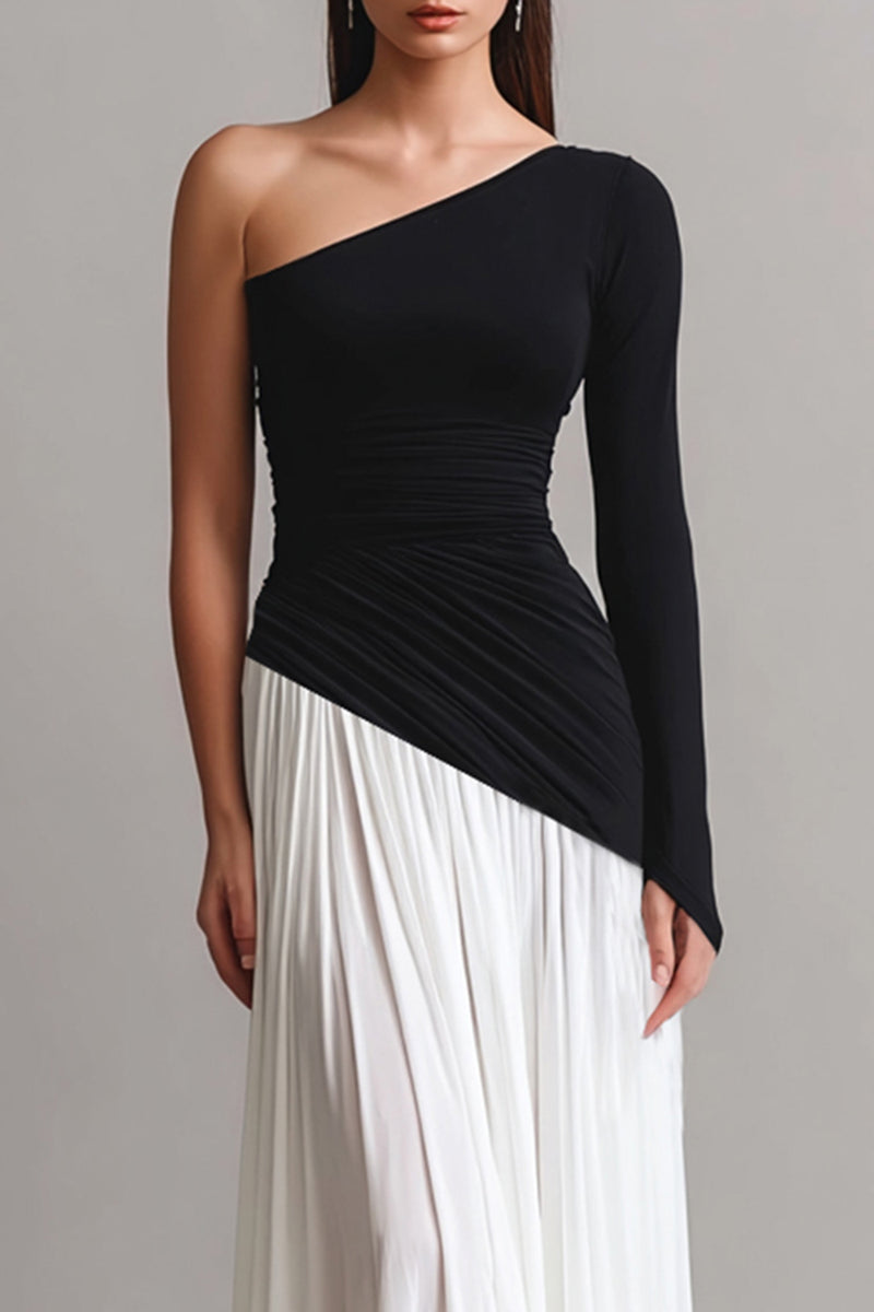 Load image into Gallery viewer, Black and White One Shoulder Sheath Long Prom Dress with Sleeves