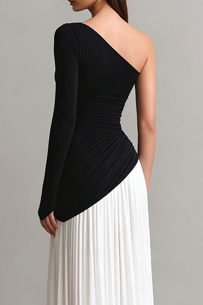 Load image into Gallery viewer, Black and White One Shoulder Sheath Long Prom Dress with Sleeves