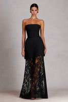 Load image into Gallery viewer, Black Lace Strapless Sheath Long Prom Dress