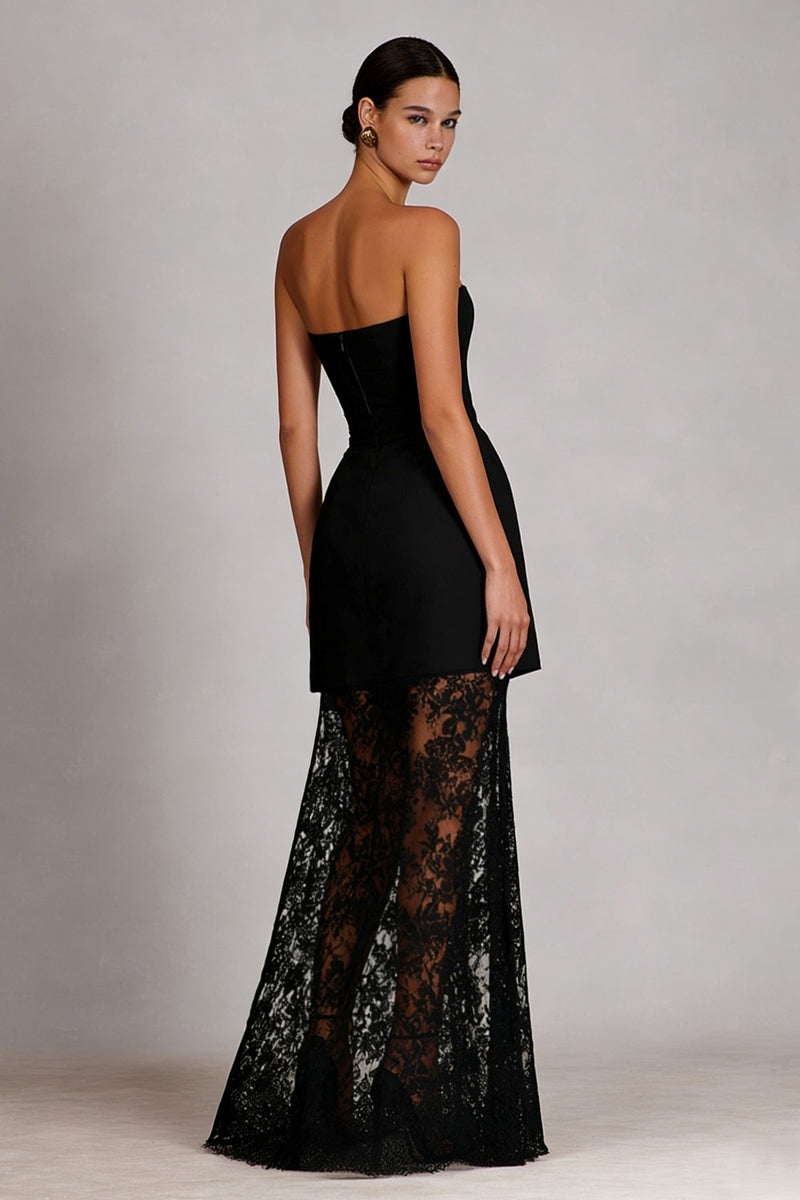 Load image into Gallery viewer, Black Lace Strapless Sheath Long Prom Dress