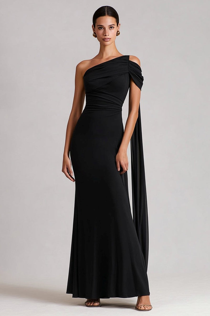 Load image into Gallery viewer, Black One Shoulder Mermaid Long Prom Dress with Side Cape