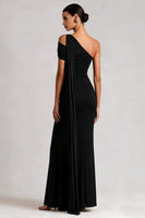 Load image into Gallery viewer, Black One Shoulder Mermaid Long Prom Dress with Side Cape