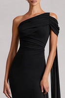 Load image into Gallery viewer, Black One Shoulder Mermaid Long Prom Dress with Side Cape