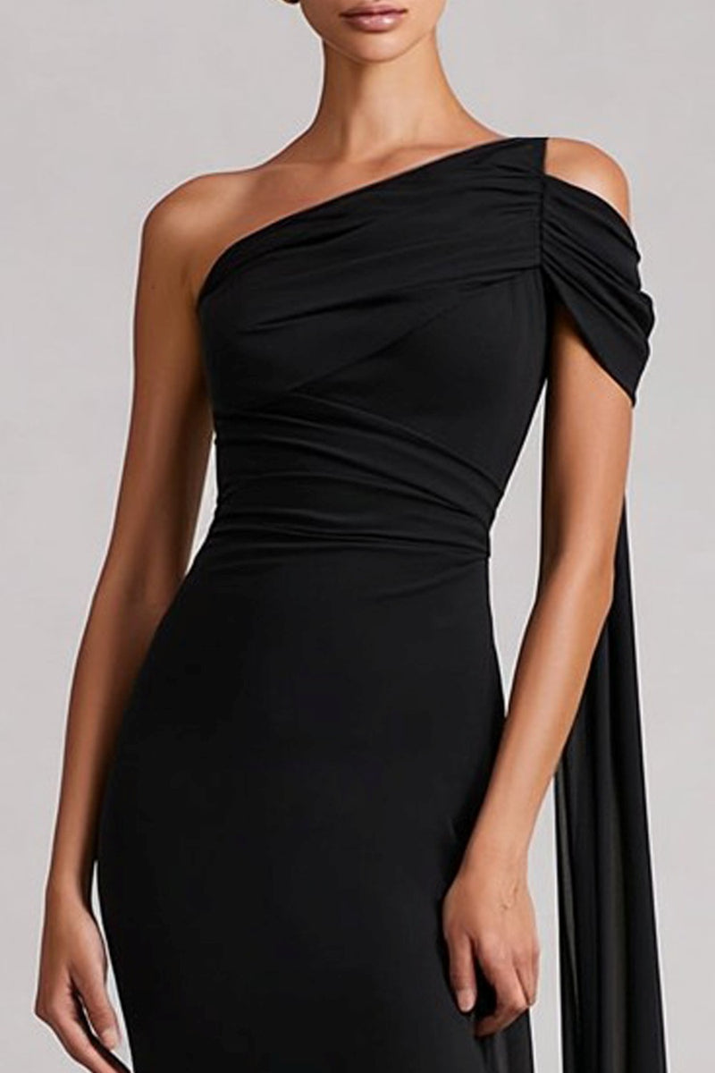 Load image into Gallery viewer, Black One Shoulder Mermaid Long Prom Dress with Side Cape