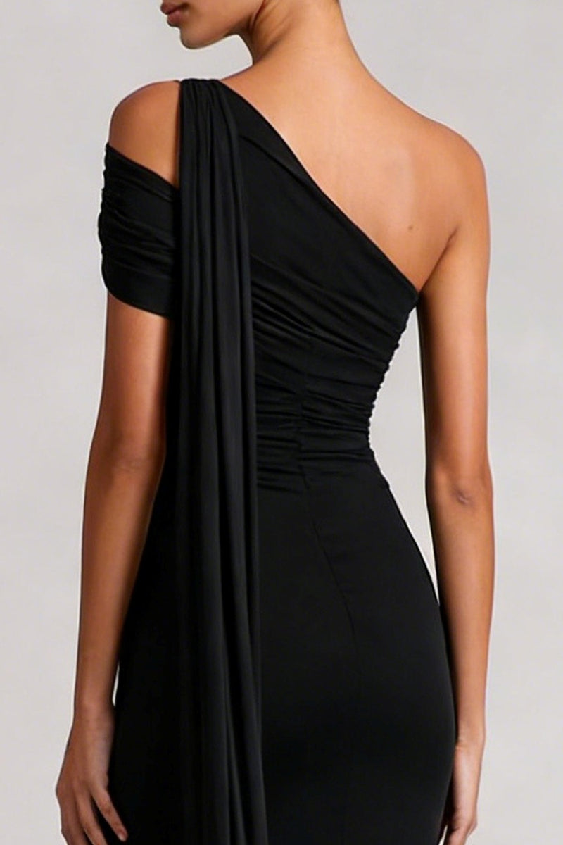 Load image into Gallery viewer, Black One Shoulder Mermaid Long Prom Dress with Side Cape