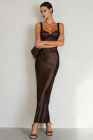Load image into Gallery viewer, Coffee Satin Thick Straps Mermaid Long Prom Dress with Lace