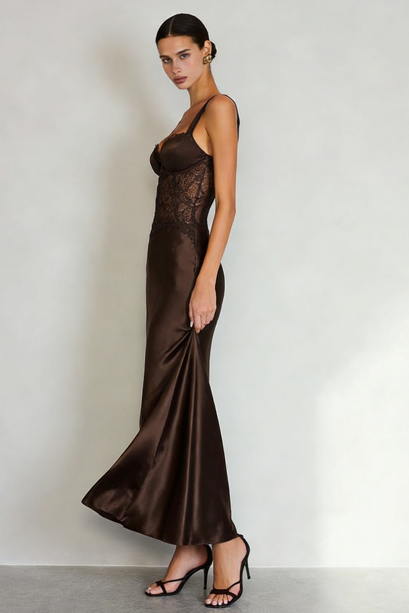 Load image into Gallery viewer, Coffee Satin Thick Straps Mermaid Long Prom Dress with Lace