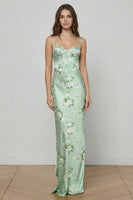 Load image into Gallery viewer, Floral Sage Green Satin Spaghetti Straps Mermaid Long Corset Prom Dress