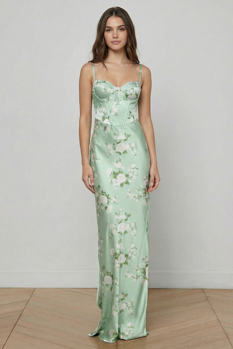Load image into Gallery viewer, Floral Sage Green Satin Spaghetti Straps Mermaid Long Corset Prom Dress