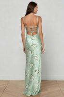 Load image into Gallery viewer, Floral Sage Green Satin Spaghetti Straps Mermaid Long Corset Prom Dress