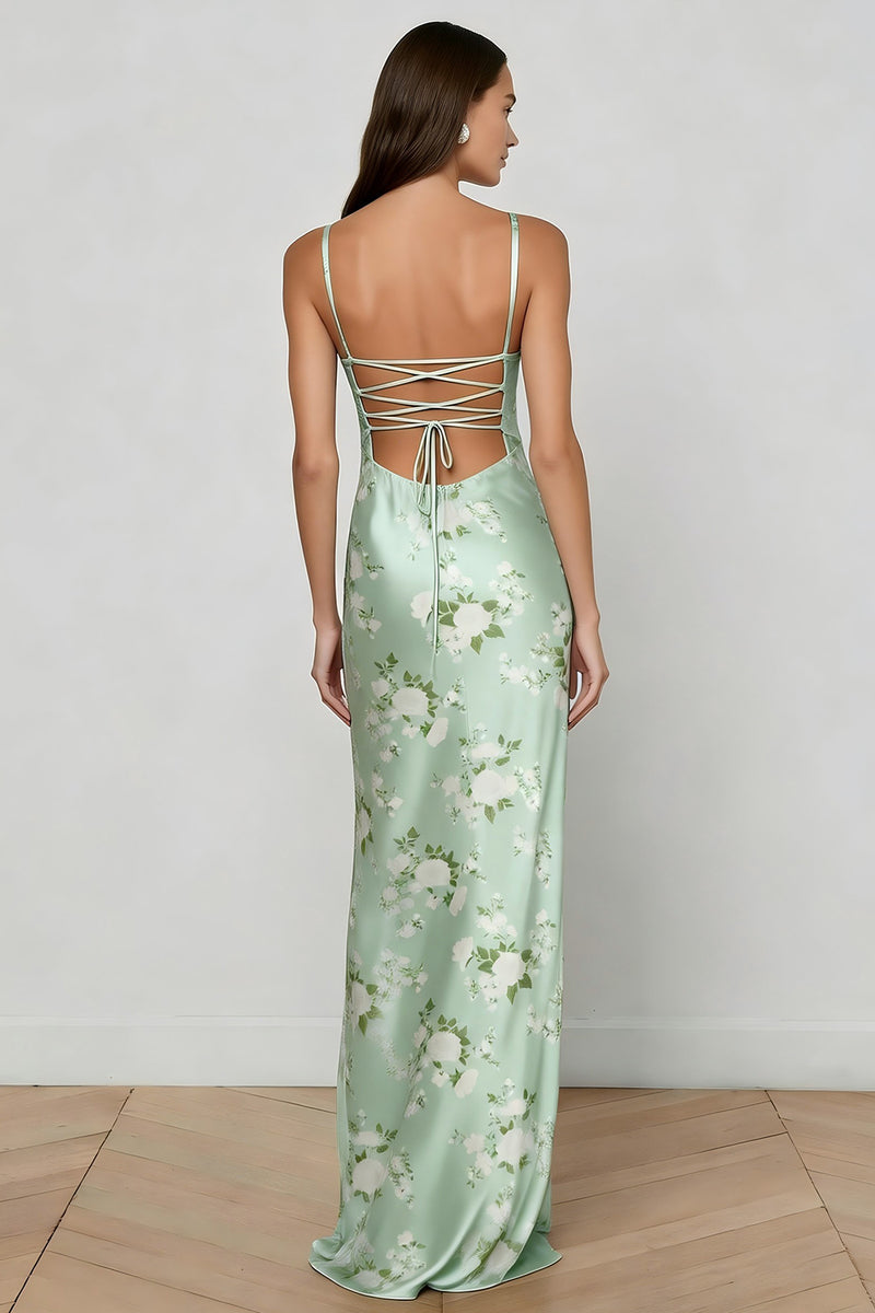 Load image into Gallery viewer, Floral Sage Green Satin Spaghetti Straps Mermaid Long Corset Prom Dress