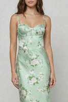 Load image into Gallery viewer, Floral Sage Green Satin Spaghetti Straps Mermaid Long Corset Prom Dress