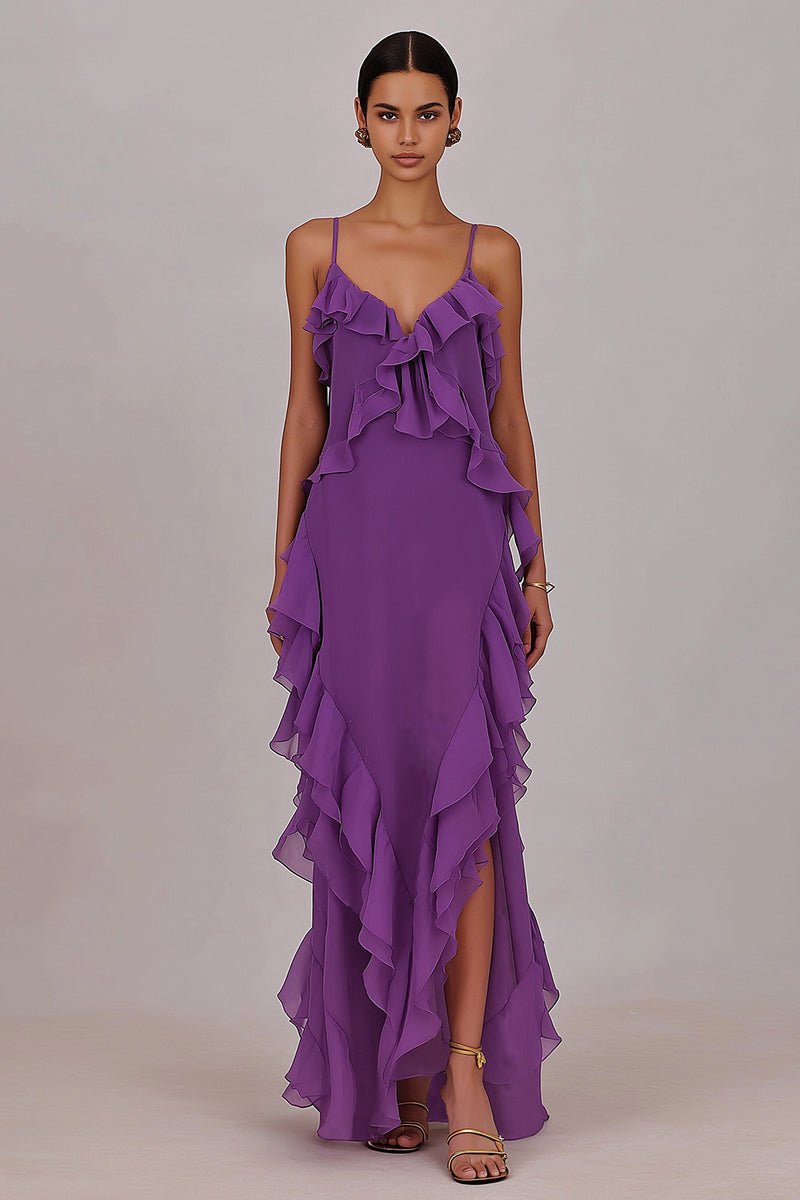 Load image into Gallery viewer, Plum Chiffon Sheath Ruffled Spaghetti Straps Long Prom Dress with Slit
