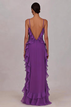 Plum Chiffon Sheath Ruffled Spaghetti Straps Long Prom Dress with Slit
