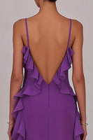 Load image into Gallery viewer, Plum Chiffon Sheath Ruffled Spaghetti Straps Long Prom Dress with Slit