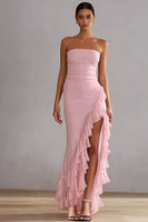 Load image into Gallery viewer, Pink Strapless Mermaid Ruffled Long Prom Dress with Slit