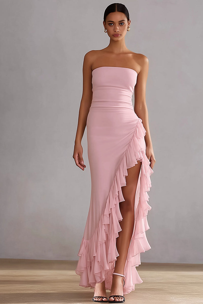Load image into Gallery viewer, Pink Strapless Mermaid Ruffled Long Prom Dress with Slit