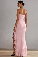 Load image into Gallery viewer, Pink Strapless Mermaid Ruffled Long Prom Dress with Slit
