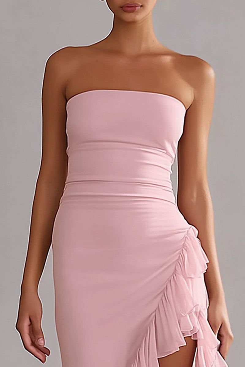 Load image into Gallery viewer, Pink Strapless Mermaid Ruffled Long Prom Dress with Slit