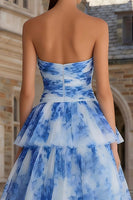 Load image into Gallery viewer, Floral Blue and White Sweetheart A Line Tiered Long Prom Dress