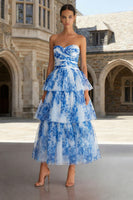 Load image into Gallery viewer, Floral Blue and White Sweetheart A Line Tiered Long Prom Dress