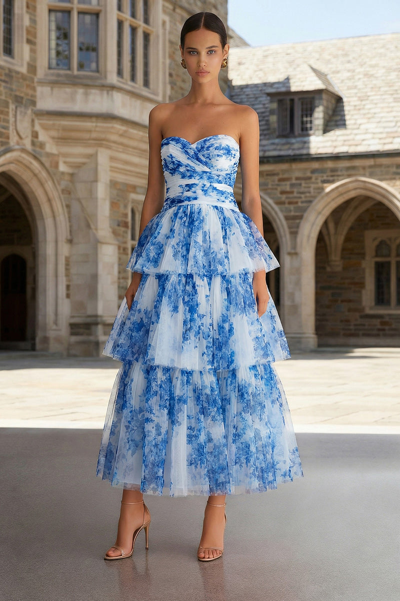 Load image into Gallery viewer, Floral Blue and White Sweetheart A Line Tiered Long Prom Dress