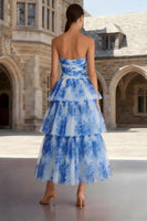 Load image into Gallery viewer, Floral Blue and White Sweetheart A Line Tiered Long Prom Dress