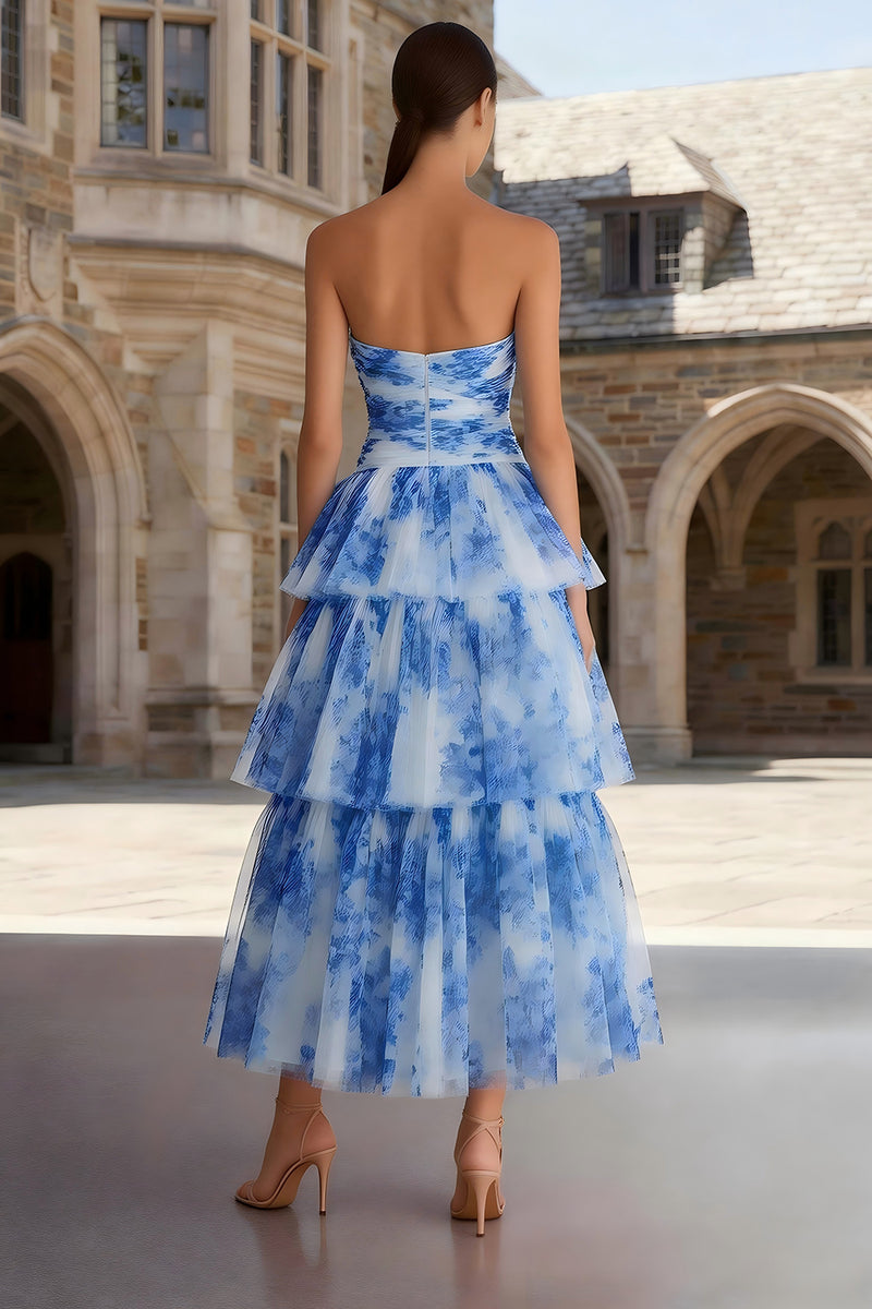Load image into Gallery viewer, Floral Blue and White Sweetheart A Line Tiered Long Prom Dress
