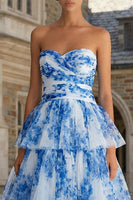 Load image into Gallery viewer, Floral Blue and White Sweetheart A Line Tiered Long Prom Dress