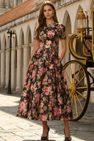 Load image into Gallery viewer, Floral Black and Pink Round Neck A Line Long Prom Dress with Sleeves