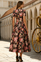 Load image into Gallery viewer, Floral Black and Pink Round Neck A Line Long Prom Dress with Sleeves