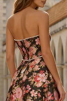 Load image into Gallery viewer, Floral Black and Pink Strapless A Line Long Prom Dress with Pearls