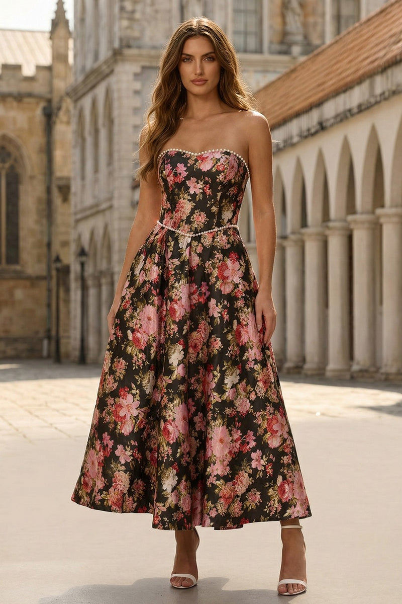 Load image into Gallery viewer, Floral Black and Pink Strapless A Line Long Prom Dress with Pearls