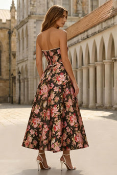 Floral Black and Pink Strapless A Line Long Prom Dress with Pearls