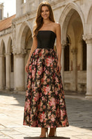 Load image into Gallery viewer, Floral Black and Pink Strapless A Line Long Prom Dress