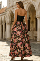 Load image into Gallery viewer, Floral Black and Pink Strapless A Line Long Prom Dress