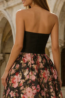 Load image into Gallery viewer, Floral Black and Pink Strapless A Line Long Prom Dress