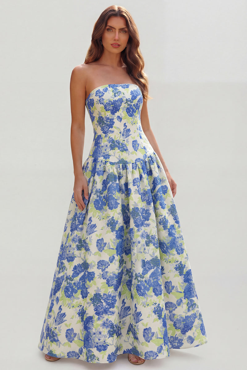 Load image into Gallery viewer, Blue and White Floral Strapless A Line Long Prom Dress