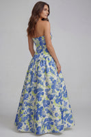 Load image into Gallery viewer, Blue and White Floral Strapless A Line Long Prom Dress