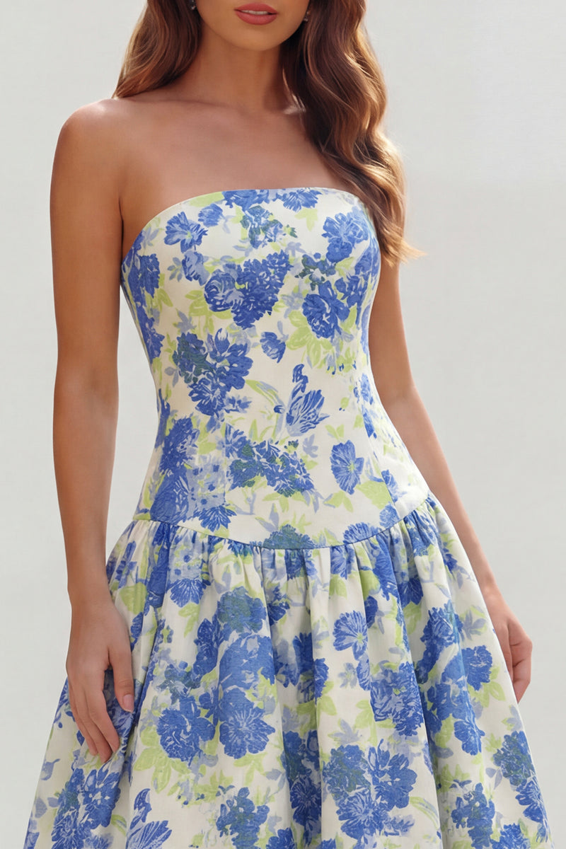 Load image into Gallery viewer, Blue and White Floral Strapless A Line Long Prom Dress