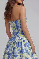 Load image into Gallery viewer, Blue and White Floral Strapless A Line Long Prom Dress